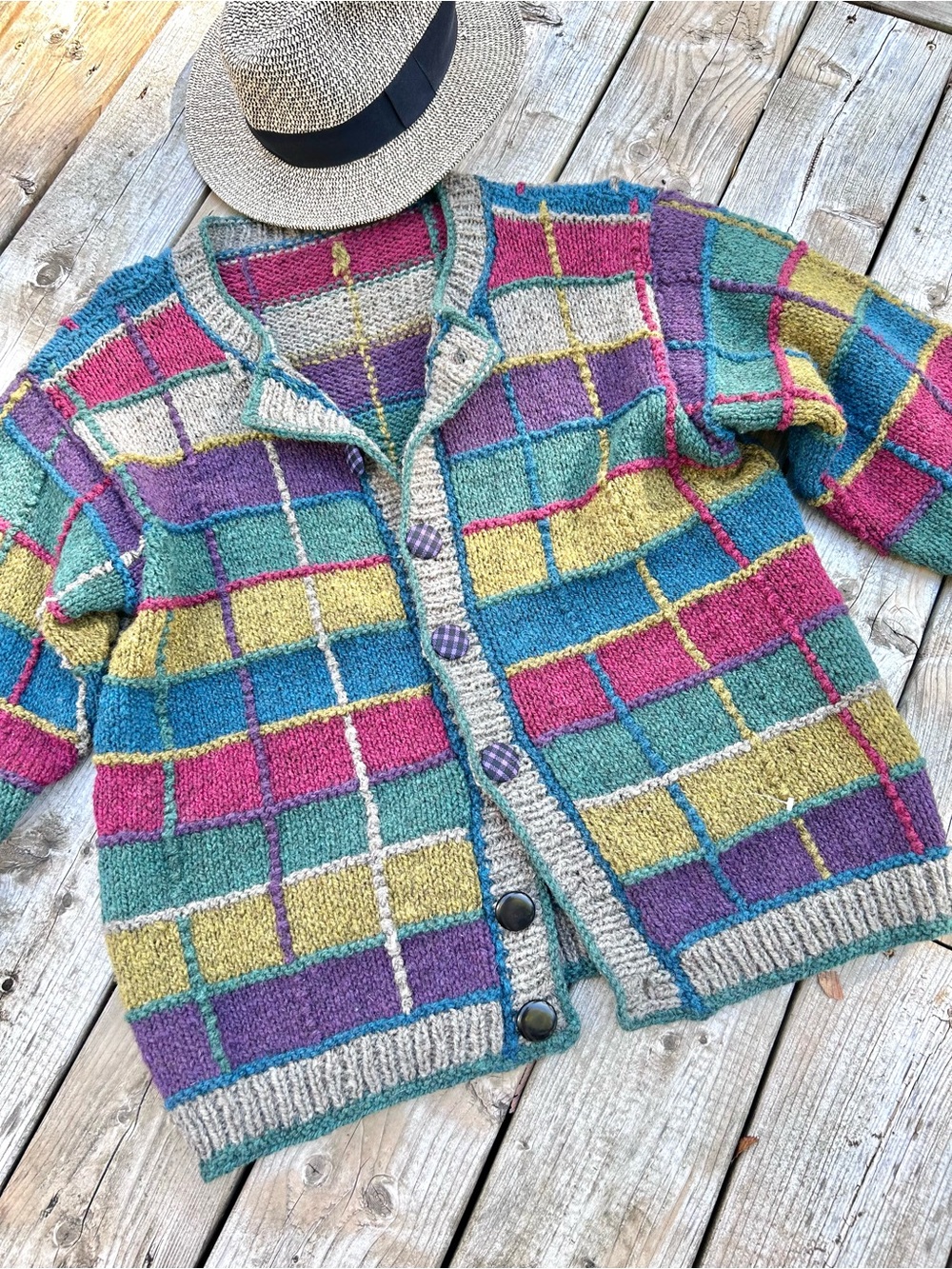 Artisan patchwork vibe boho wool knit sweater w cottagecore country prairie vibe - Picture 6 of 16
